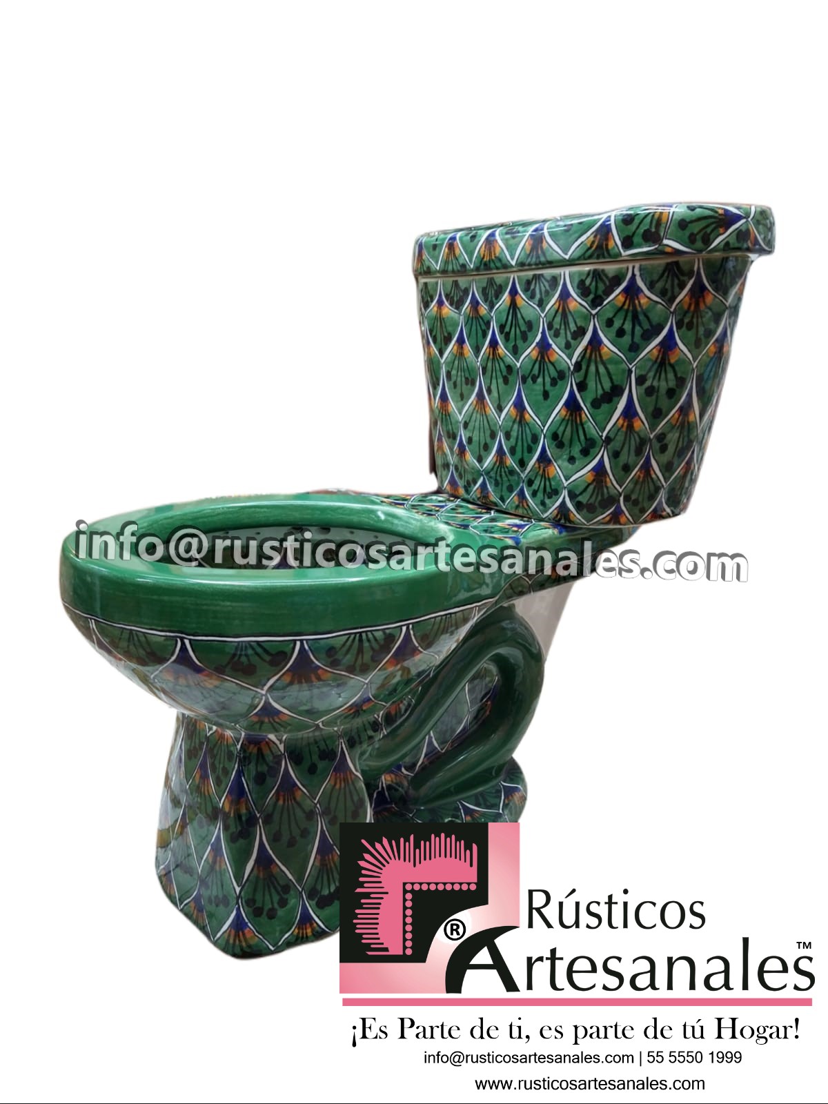 WC de Talavera Cola de Pavorreal Verde Taza Larga con Tanque (sin herrajes ni asiento)