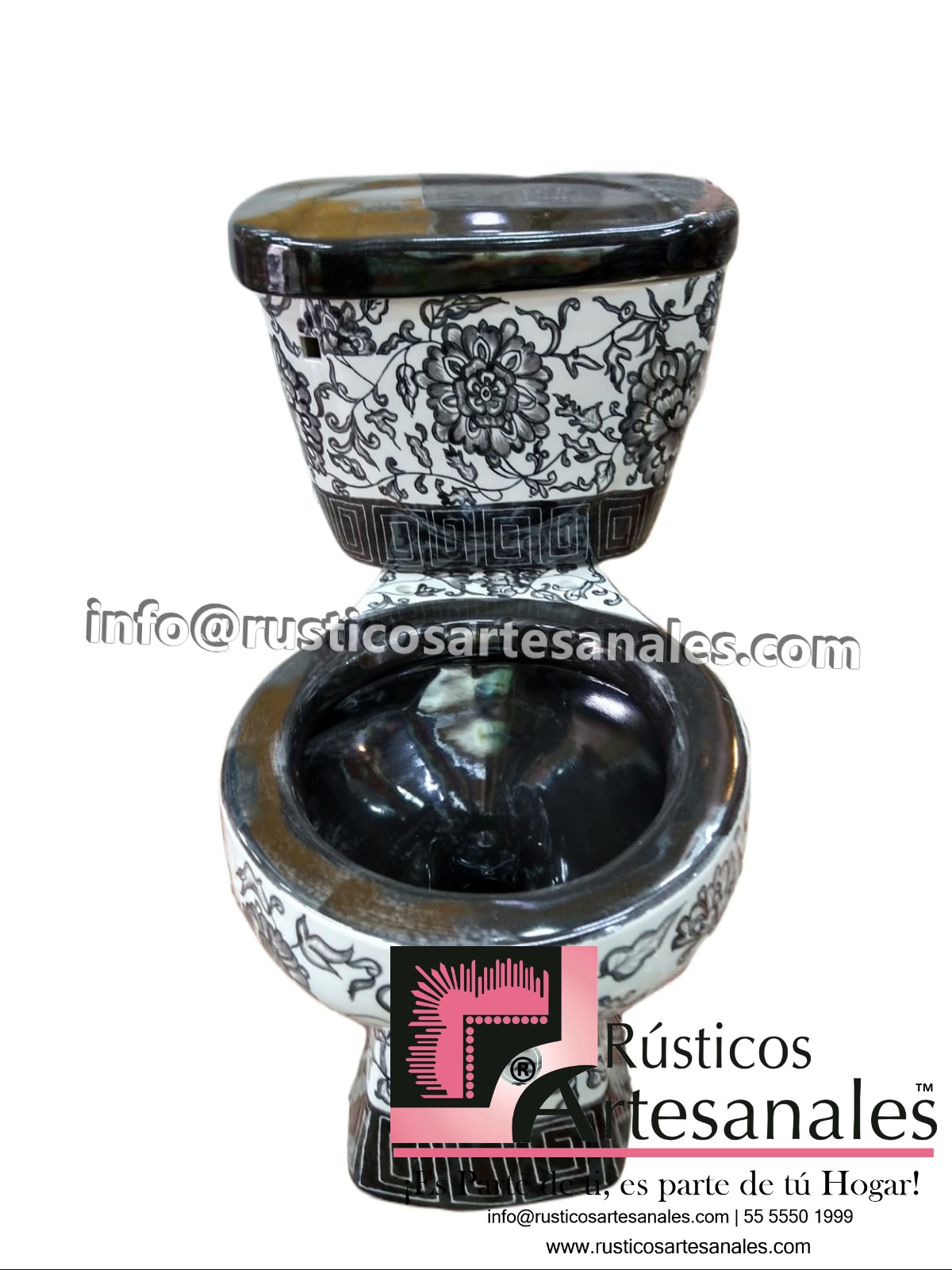 WC de Talavera Decorado Flores con Greca Negro Taza Corta con Tanque (sin herrajes ni asiento)