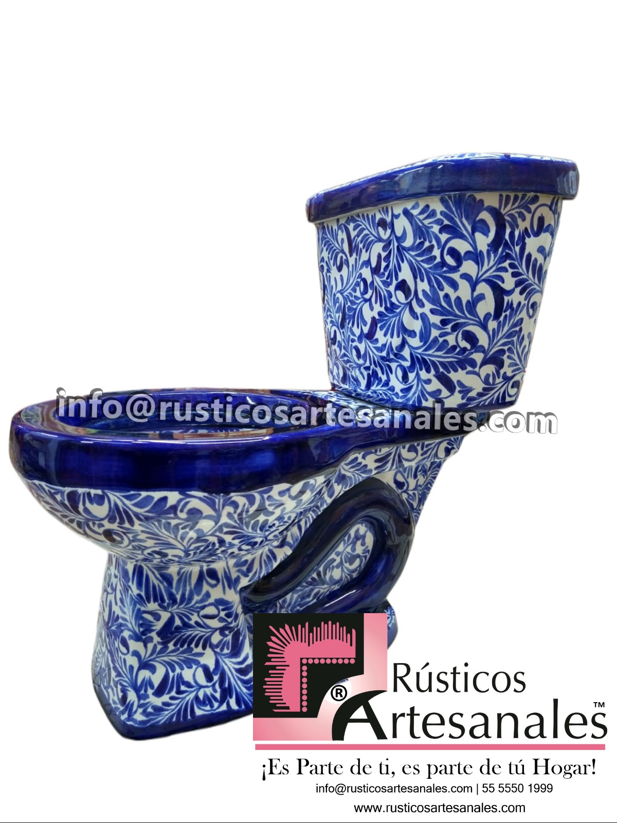 WC de Talavera Plumeado Azul Taza Larga con Tanque (sin herrajes ni asiento)