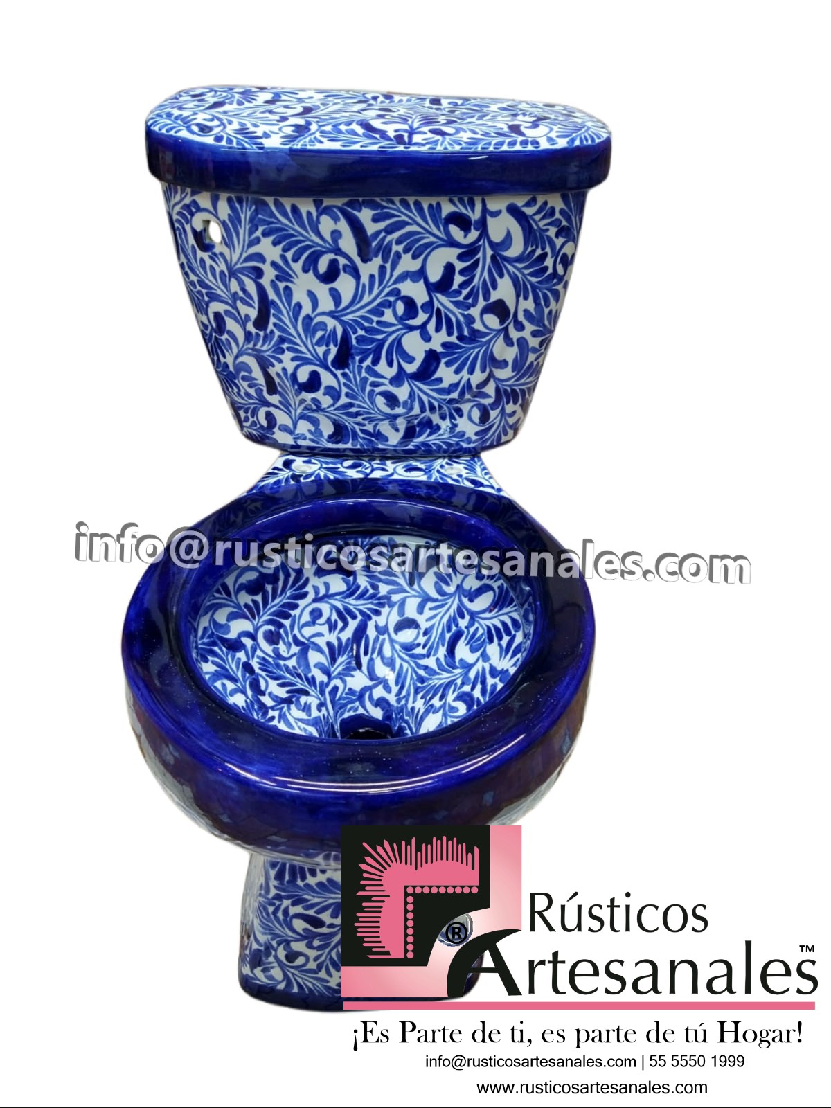 WC de Talavera Plumeado Azul Taza Corta con Tanque (sin herrajes ni asiento)