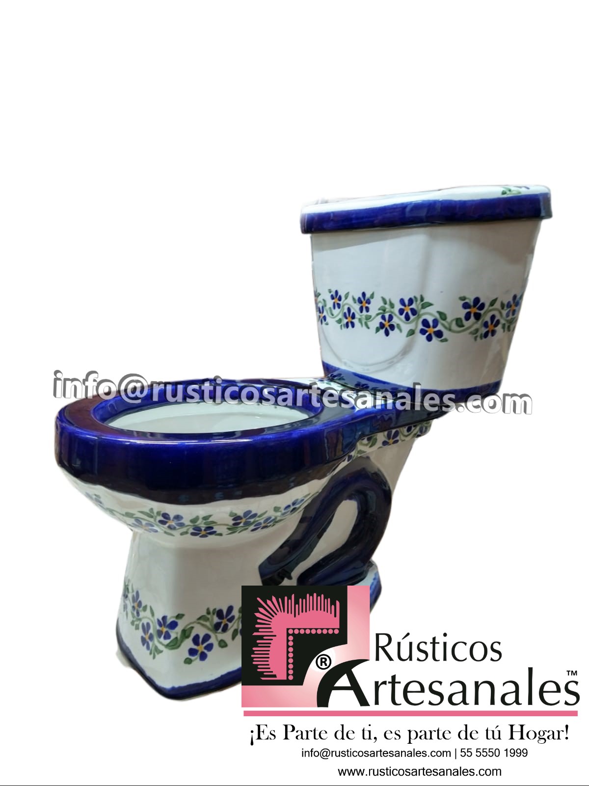 WC de Talavera Decorado Violets Azul Taza Larga con Tanque (sin herrajes ni asiento)