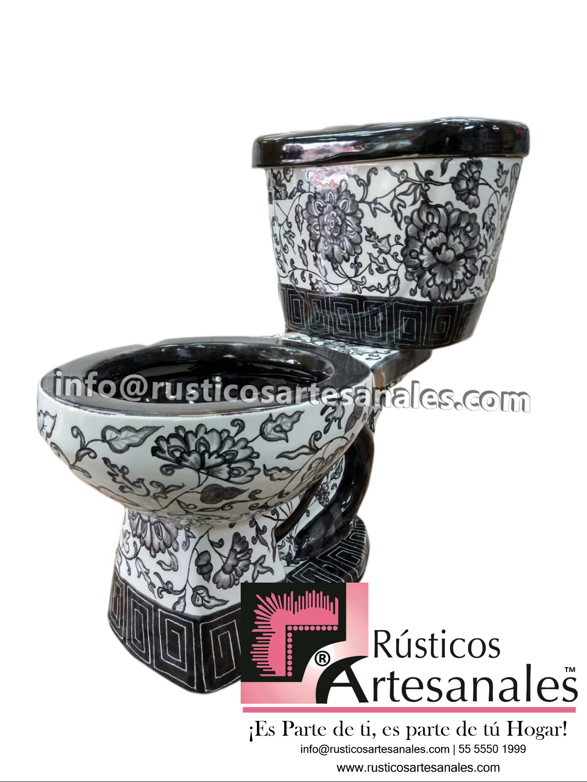 WC de Talavera Flores con Greca Negro Taza Larga con Tanque (sin herrajes ni asiento)