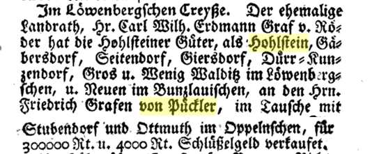 Meldung in den Schlesischen Provinzialblättern 1795 