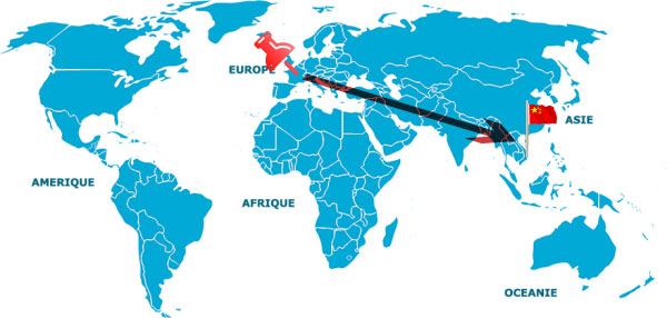 Une carte du monde représentant la distance qui sépare l'Europe soit la France, et l'Asie soit le Cambodge et le Vietnam