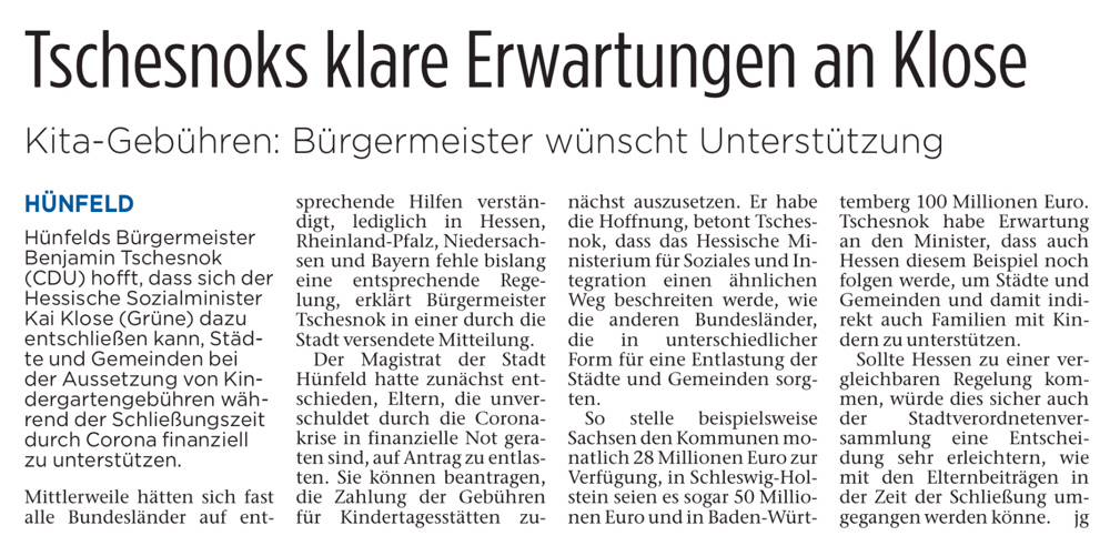 Zeitungsartikel aus der Hünfelder Zeitung vom 17.04.2020