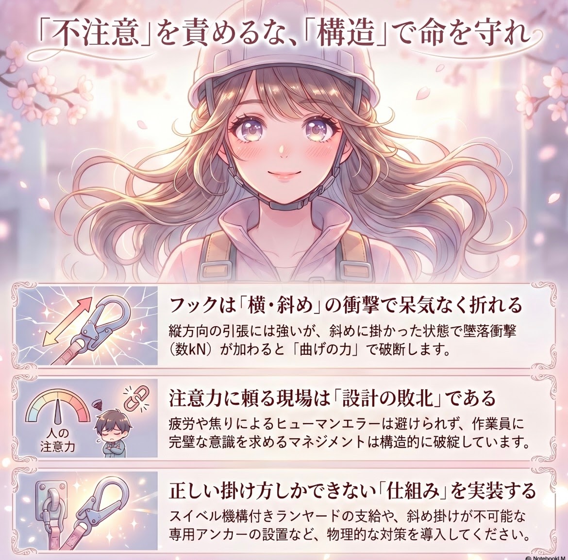 安全帯のフックを「とりあえず掛ける」が命を奪う。フックの曲げ荷重を防ぐ構造的アプローチ