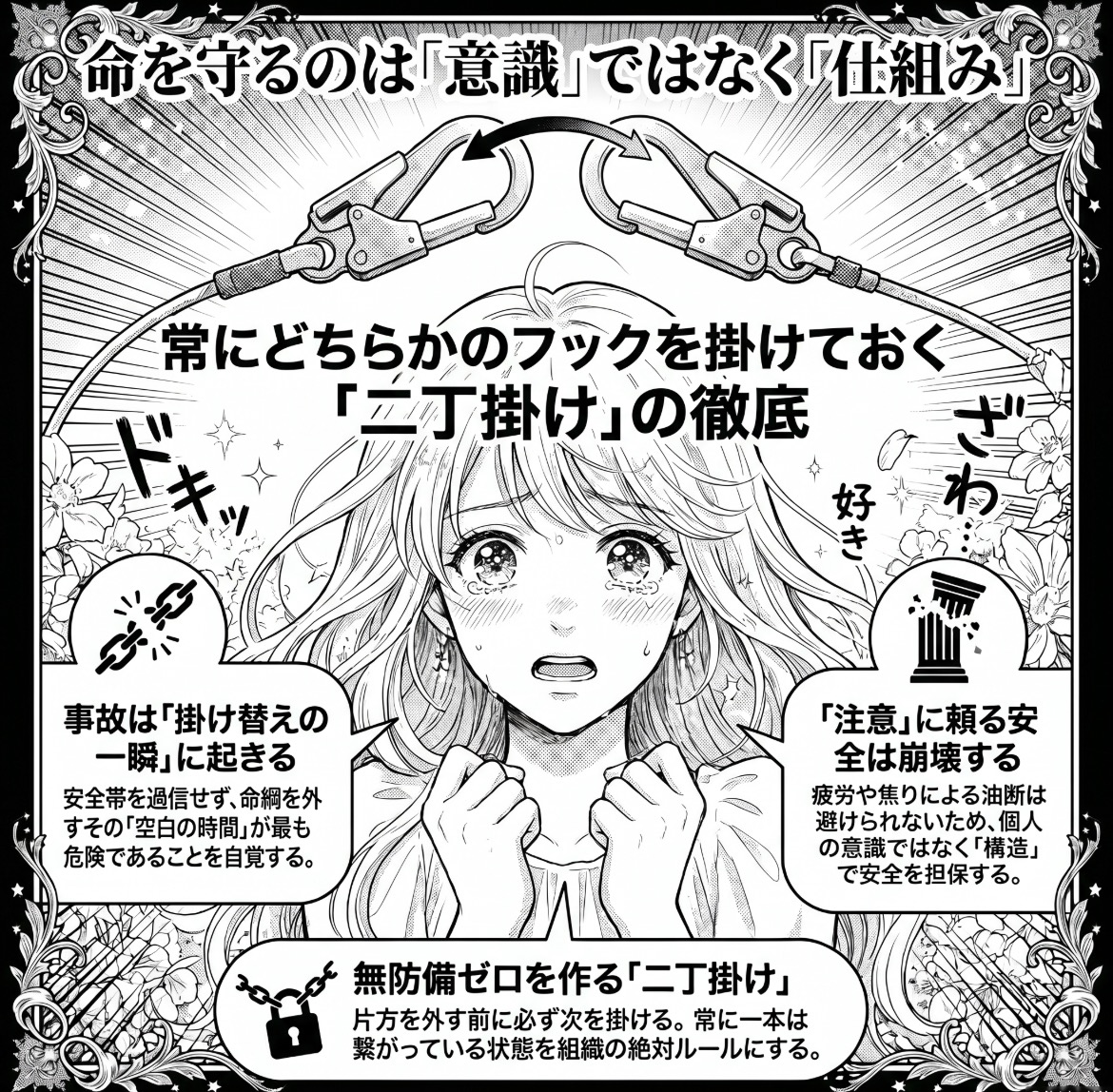 「気をつけろ」では墜落災害は防げない。安全帯の掛け替え事故を防ぐ「無防備ゼロ」の構造