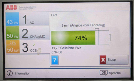 Elektroauto Erfahrungsbericht aufladen, Ladeanzeige