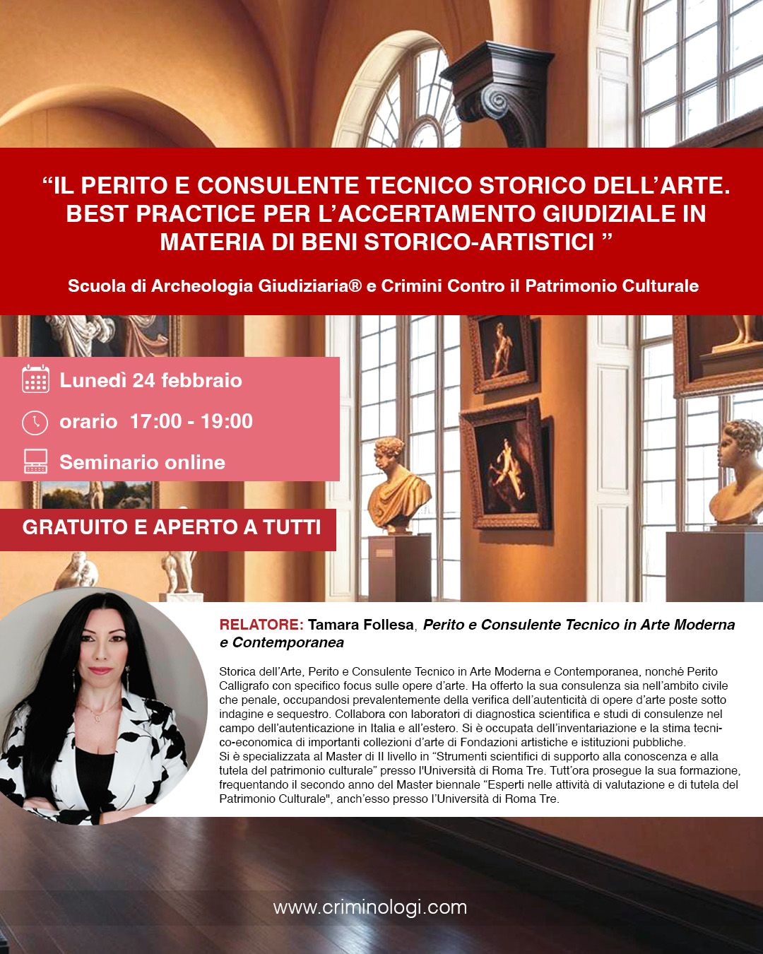 Locandina Seminario "Il Perito e Consulente Tecnico Storico dell'Arte"_Scuola Biennale di Alta Formazione in “Archeologia Giudiziaria® e Crimini Contro il Patrimonio Culturale_Centro per gli Studi Criminologici Giuridici e Sociologici_24 Febbraio 2025