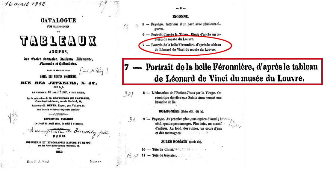 Defer M.,“Catalogue d'une belle collection de tableaux anciens du Comte de Vichy”, Hotel des Ventes Moilières, Parigi 16 Aprile 1852, p. 6