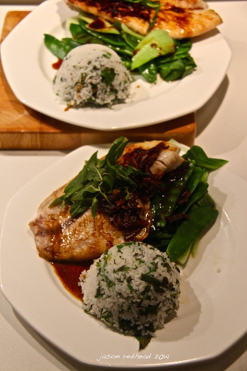  08-12-14 in your face mkr; not that i would want the pressure of mkr, i enjoy the relaxation of cooking too much but boy was this dish yummo. chilli ginger grilled snapper with asian greens and herbed rice. pyrmont, nsw 