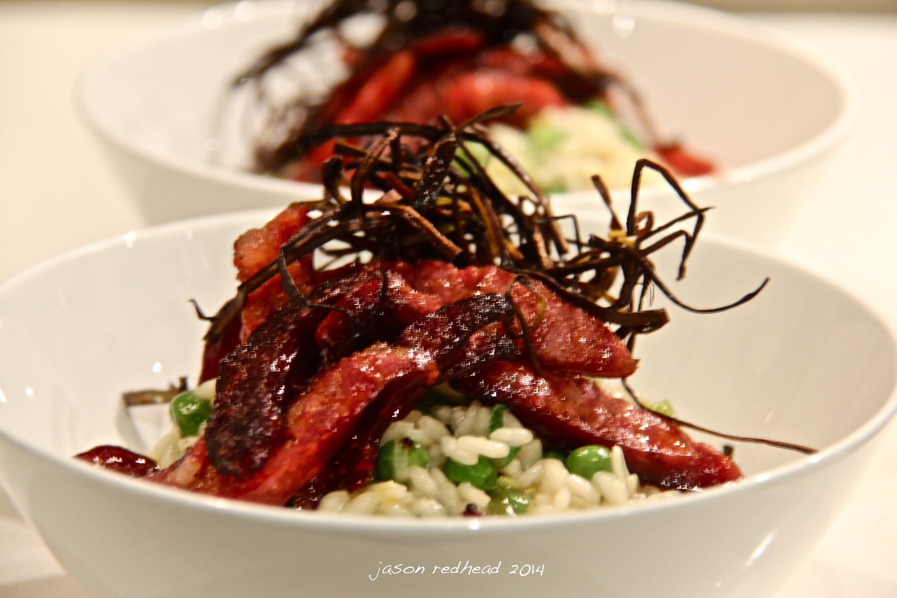  24-11-14 spanish versus italian; not that i have been to either. hopefully i will get there soon but at at least this dish makes up for my lack of travel to these countries, pea and leek risotto with chirozo topped with crispy leek, pyrmont, nsw