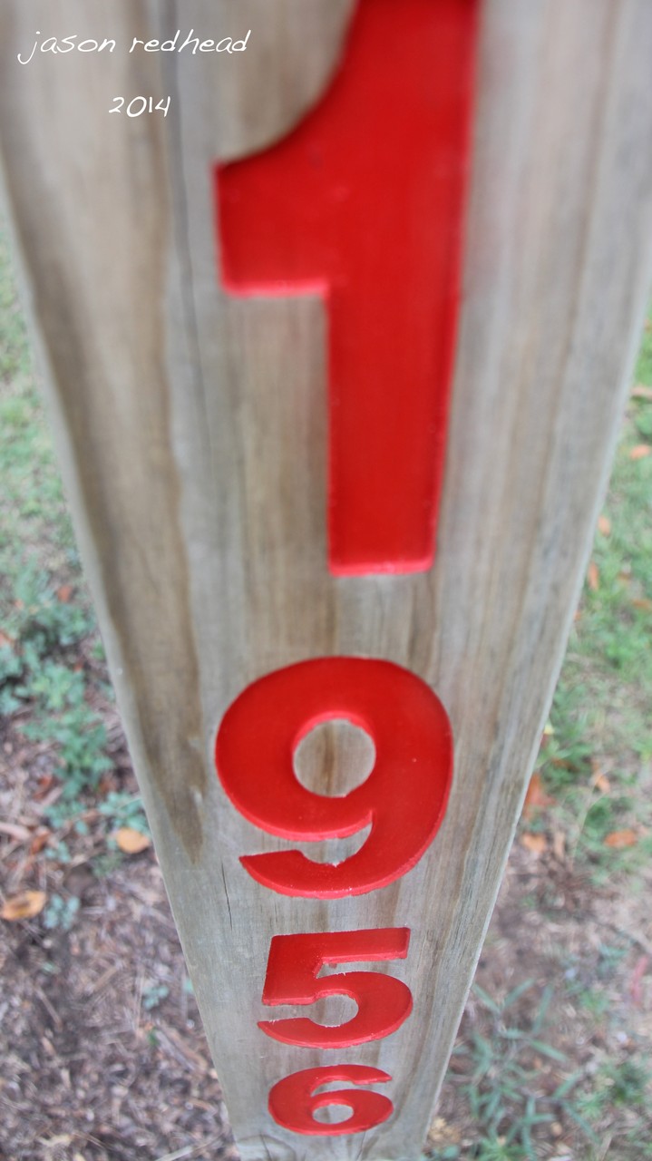  17-01-14 take me back to the 50's; I found these posts along the paramatta river, ten posts with the years from 1950-1959 on them. no idea what they are for, art, memorial, beautification or just because someone can? putney, nsw 