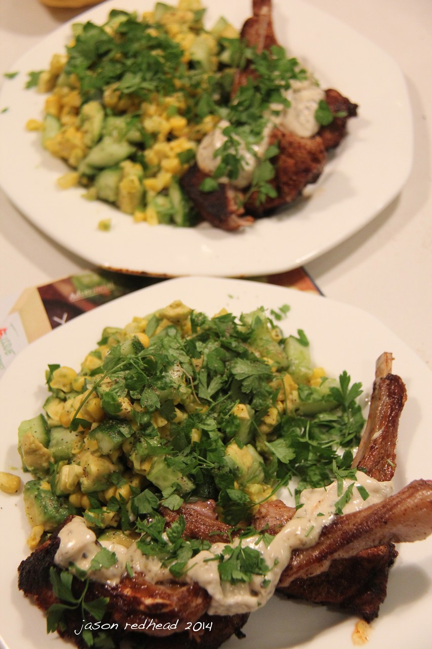  01-04-14 no jokes; what a delicious way to start april. morroccan lamb cutlets with herb mayo and a corn, avocado, cucumber and lime salad. Yummo. and i didn't even fall over while cooking. pyrmont, nsw 