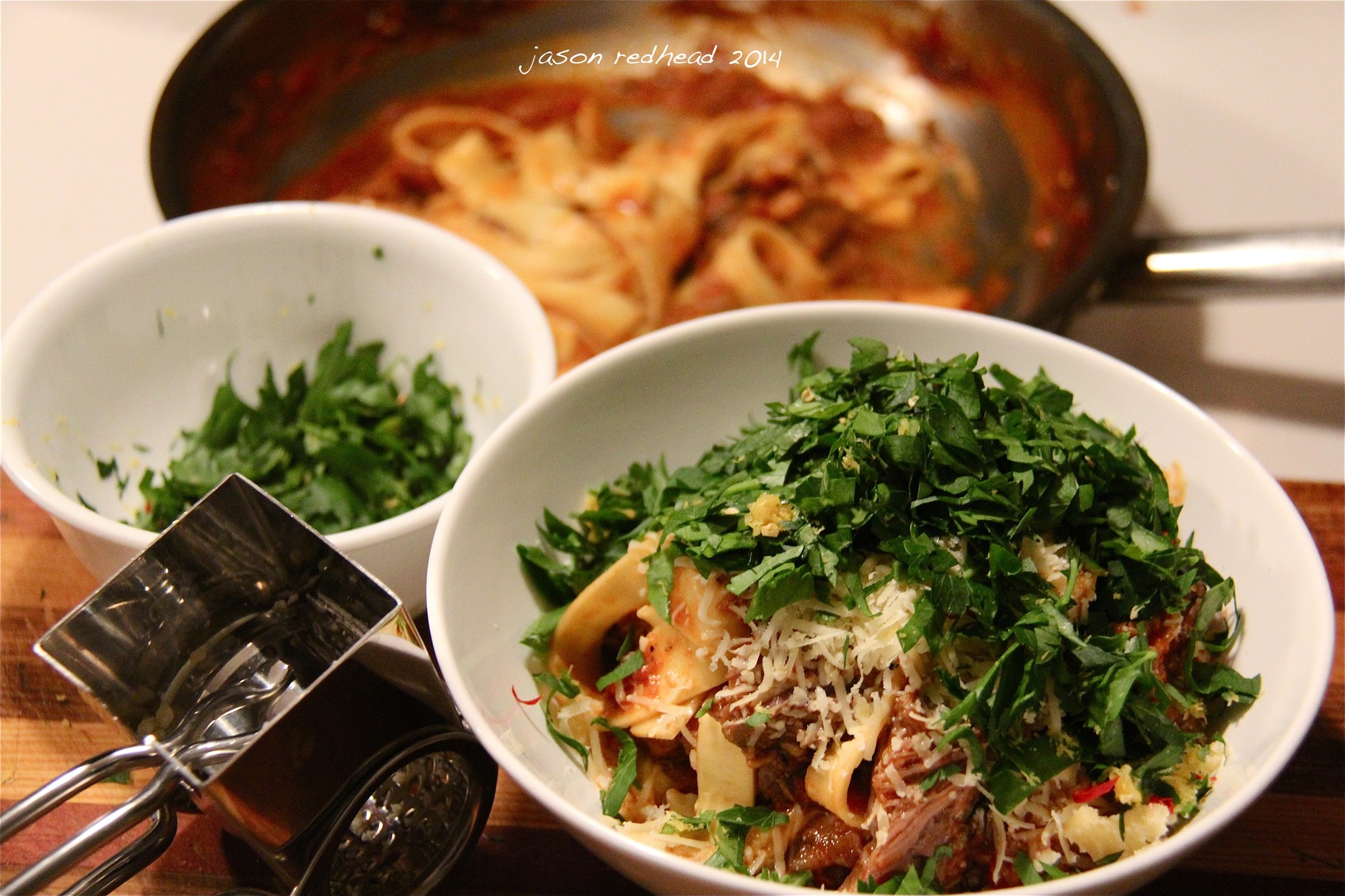  18-11-14 how many bachelor pads look like this; cooking up a storm while the other half is stuck eating hospital food...might have to take a wee care package with me tomorrow of this slow roasted lamb shank with chili gremolata. pyrmont, nsw
