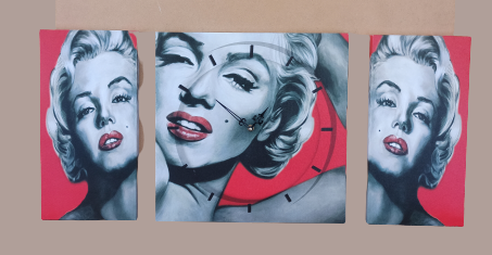 Reloj Marilyn de pared 3 piezas. Lienzo serigrafiado. 40x40 + 20x40 +20x40