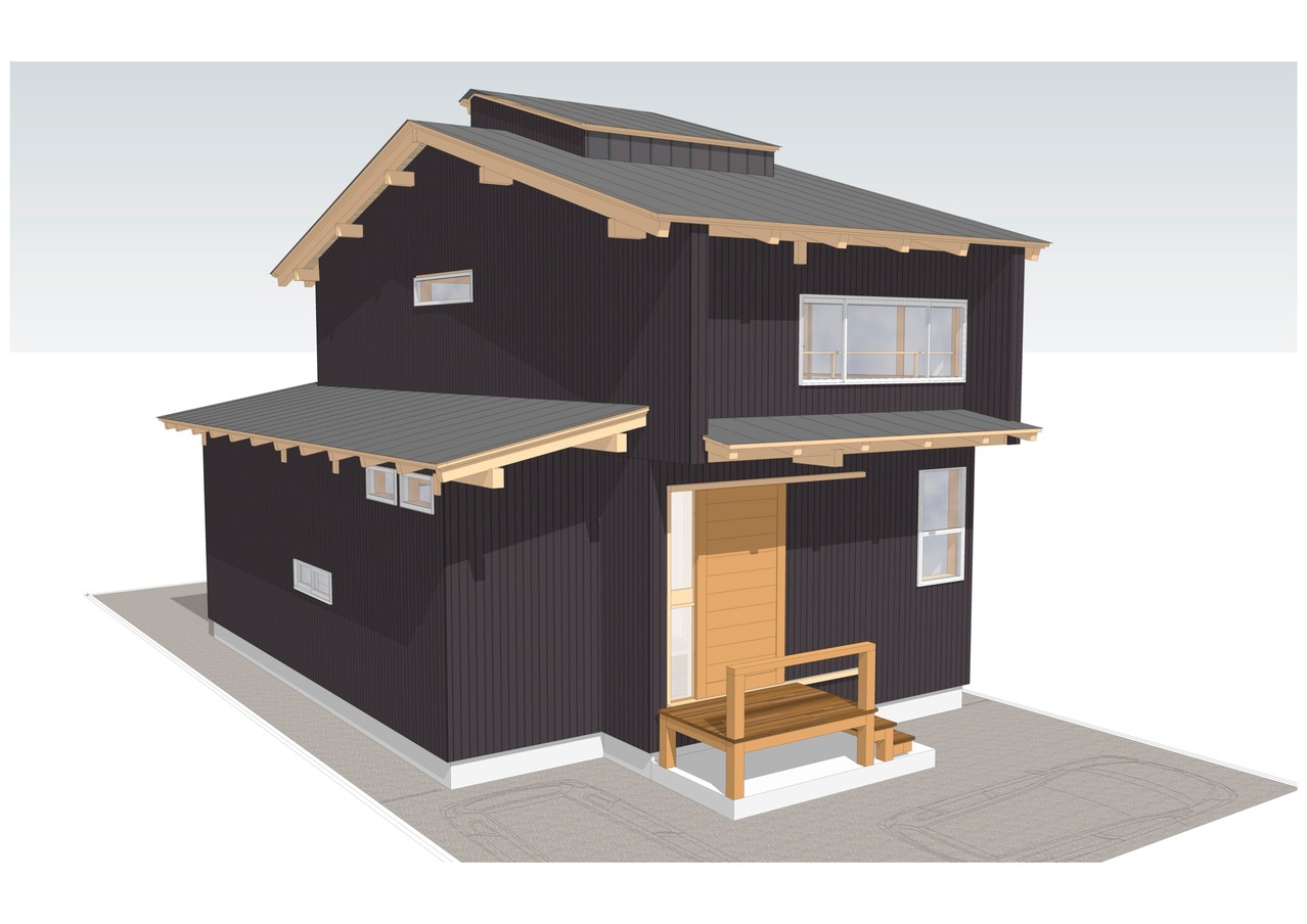 下屋に水回りを配置したシンプルな２階建てながら、真っ黒の墨付きの焼き杉板が異彩を放ちます。