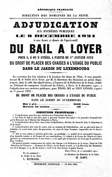 Bail à loyer adjudication de 1921 au jardin du Luxembourg