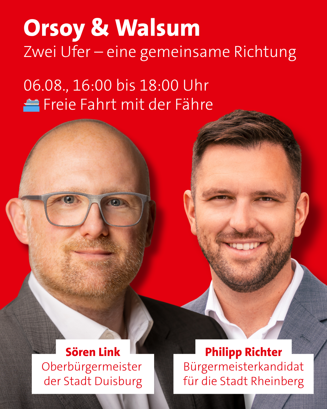 SPD Rheinberg und SPD Walsum laden zur kostenfreien Fährfahrt über den Rhein