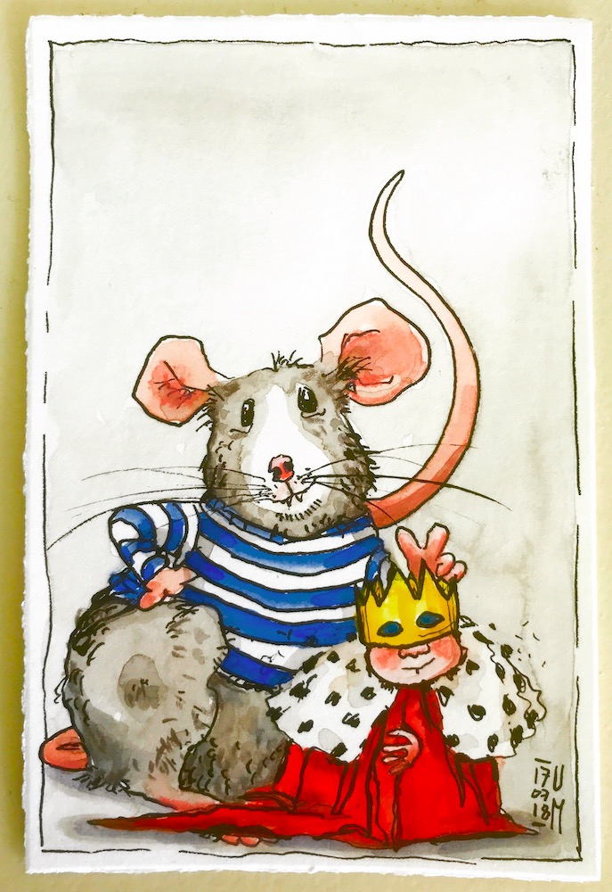 Zeichnung mit kleinem König und Ratte.