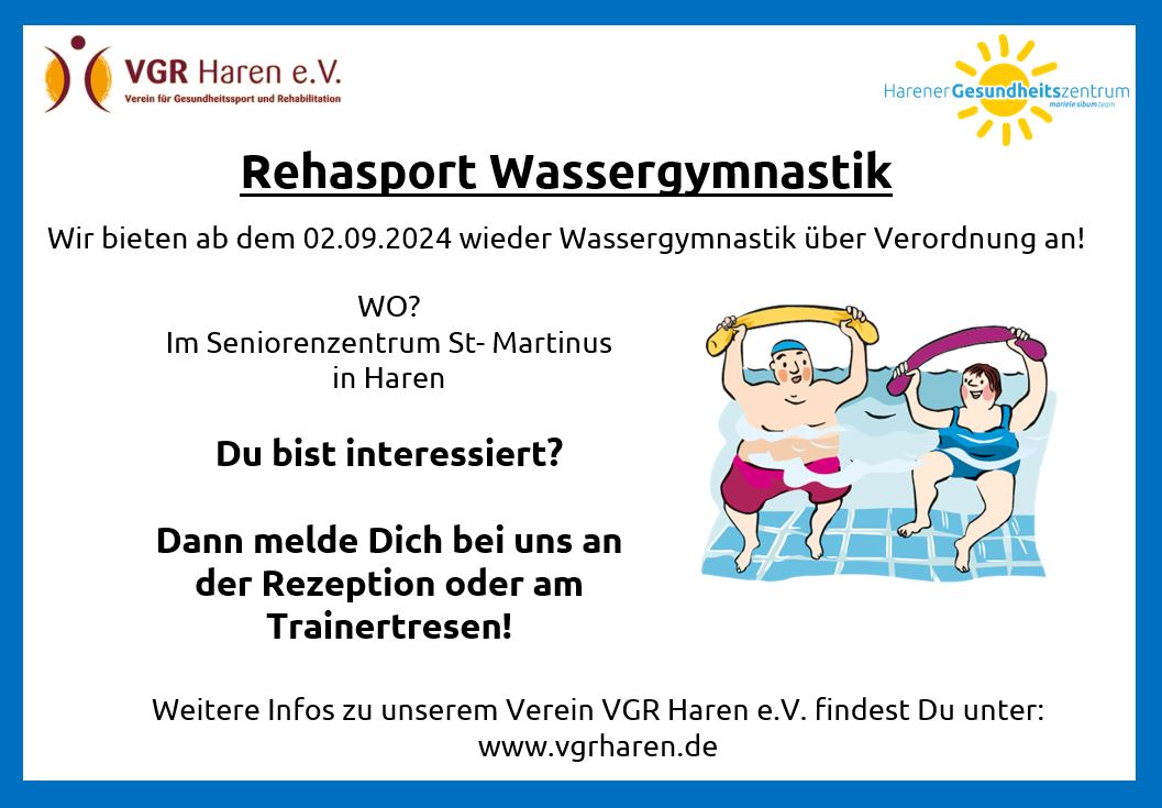 Rehasport Wassergymnastik ab dem 02.09. wieder möglich!