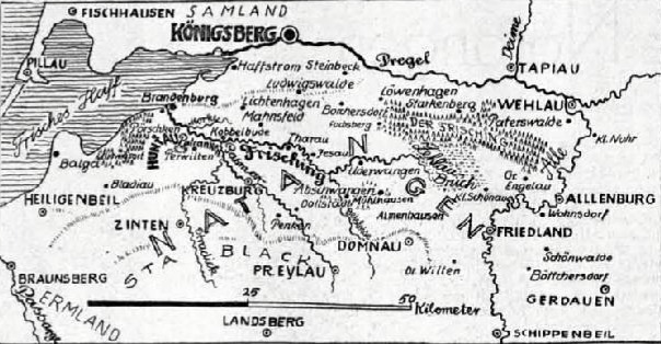 Kreis Pr. Eylau mit den Nachbarkreisen-Lage zu Königsberg und dem Haff