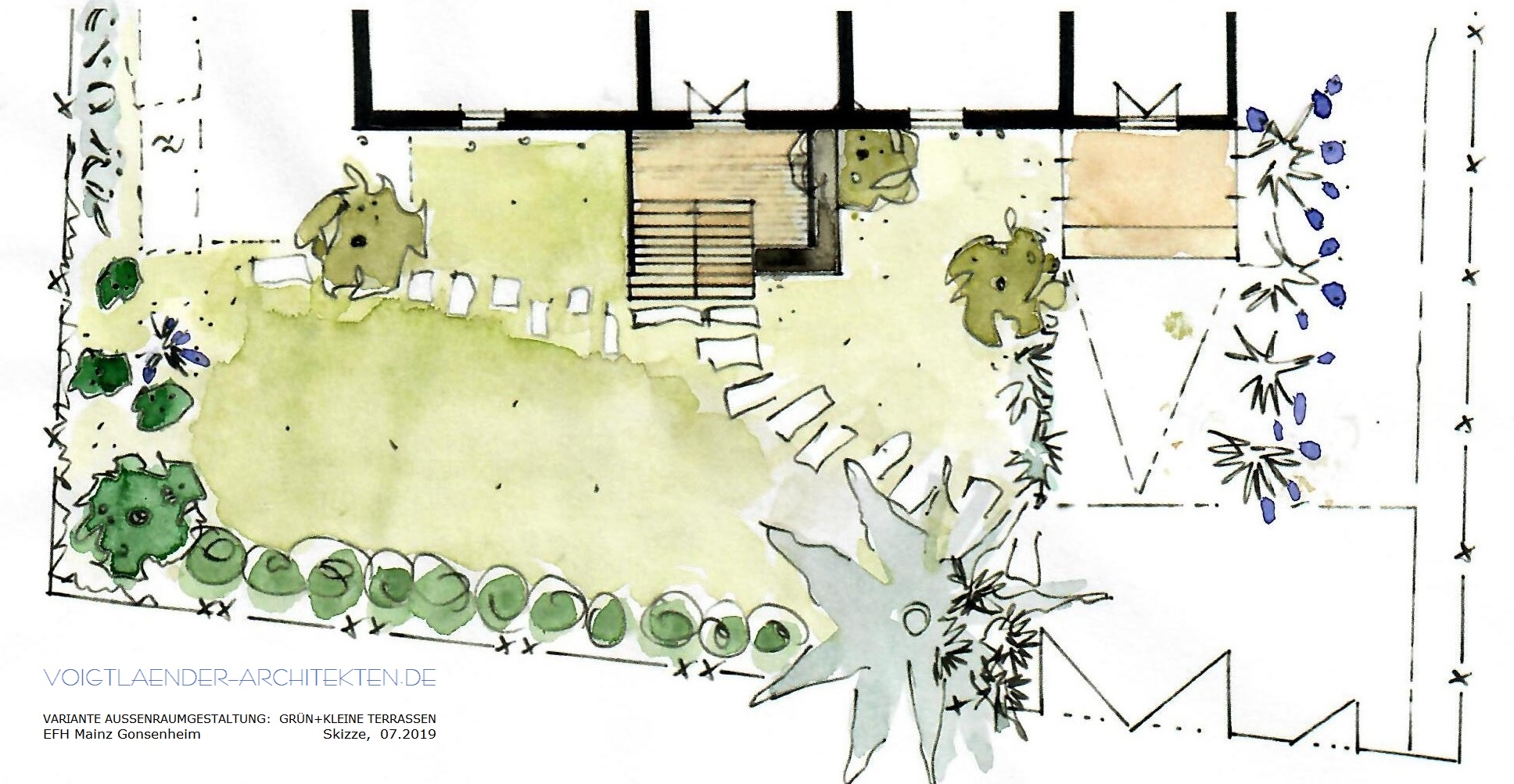 Außenraumgestaltung EFH: Grün, Wasser, Terrassen 