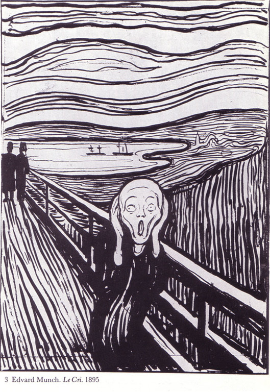Edward Munch taille à la gouge une planche pour faire sa gravure.