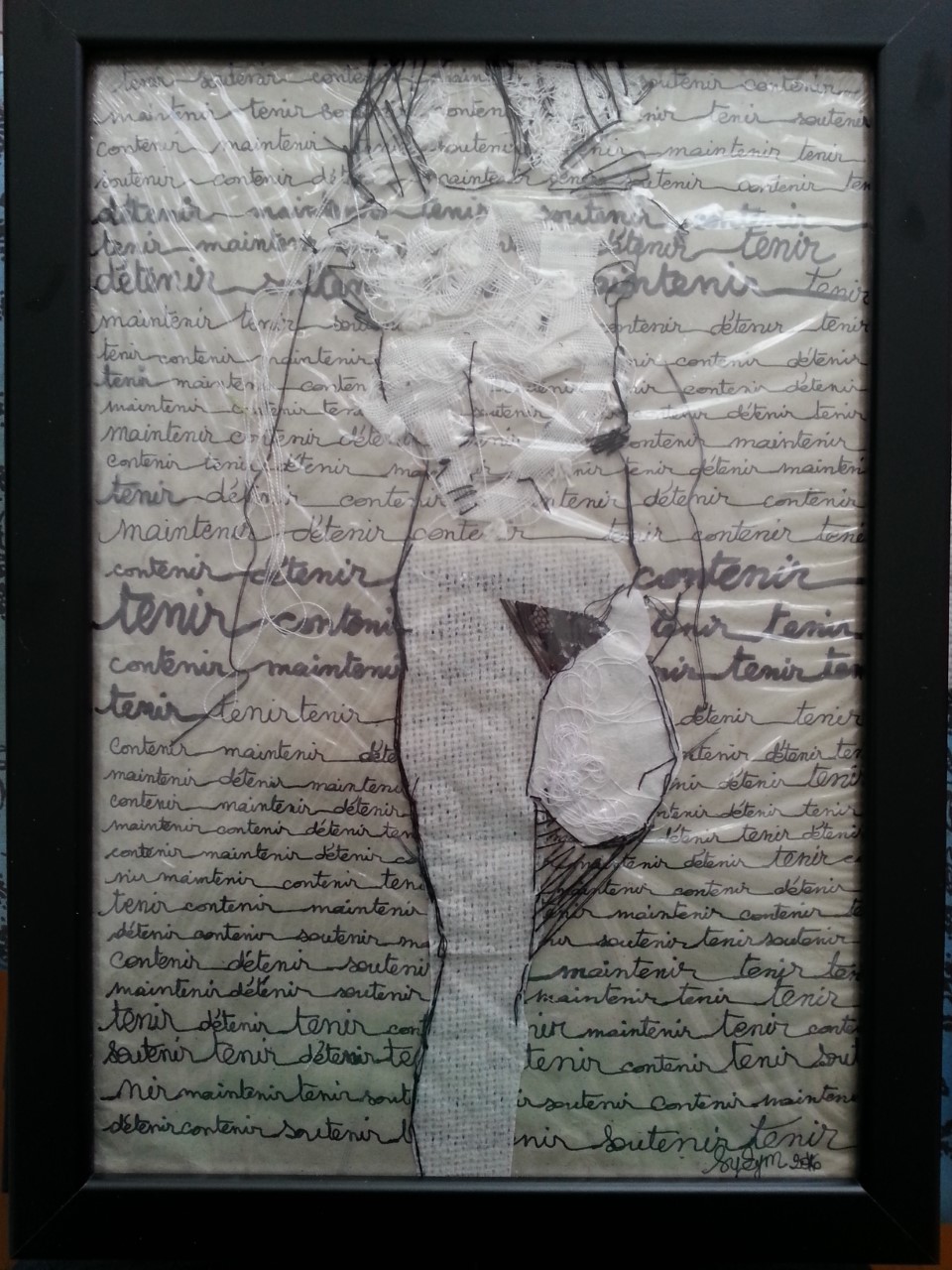 "Tenir 1" - Ecriture,découpage, broderie sur récupération d'emballage plastique et lingettes usagées de lessive Format A4.