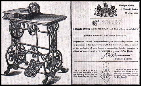 Shown here is the original design registration certificate for Harris' ornamental treadle, dated 22nd July 1869. The woodcut illustration accompanies the document. This same treadle was later adapted for use with the "Challenge" model.