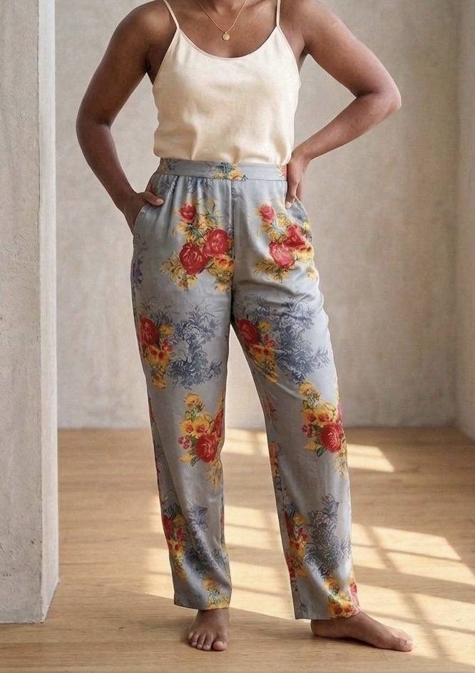 Mannequin assis portant pantalon gris souris en sari recyclé, vue mettant en avant les motifs indiens et les grandes fleurs rouges et jaunes