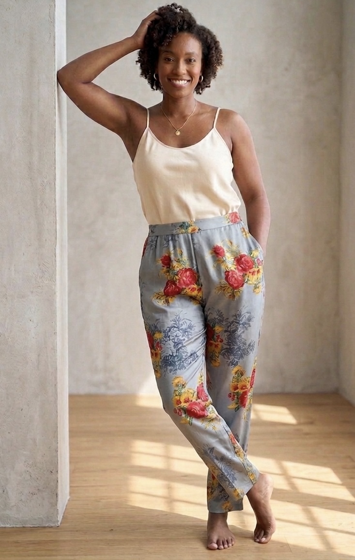  Mannequin portant pantalon gris souris en sari recyclé avec grosses fleurs rouges et jaunes et motifs indiens