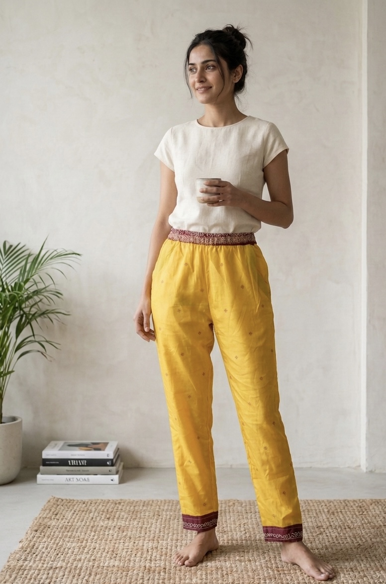 Vu de profil, ce pantalon bohème en sari recyclé révèle toute la richesse de ses motifs et la fluidité de son tissu. La ceinture bordeaux structure la taille et crée un contraste élégant avec le jaune moutarde, pour un style à la fois chic, ethnique et in