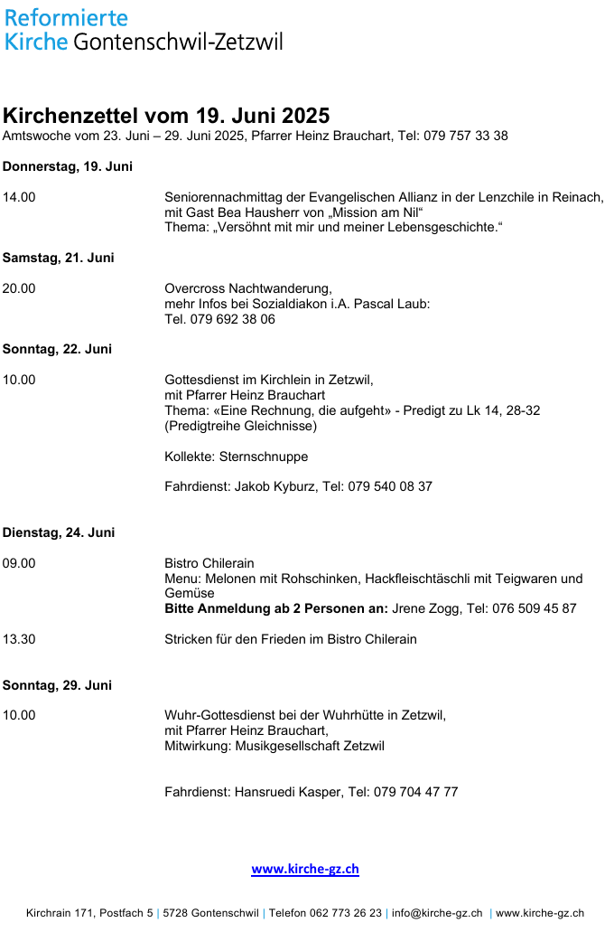 Kirchenzettel vom 19. Juni 2025