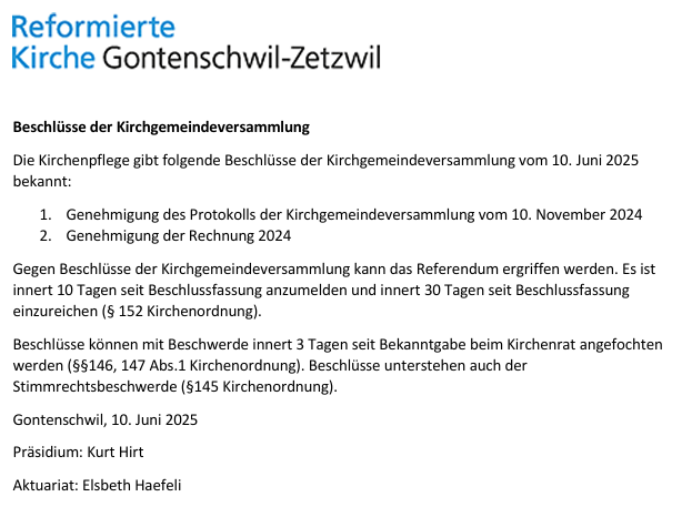Beschlüsse der Kirchgemeindeversammlung vom 10. Juni 2025