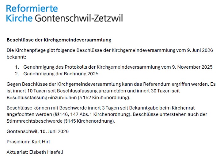 Beschlüsse der Kirchgemeindeversammlung vom 09. Juni 2026