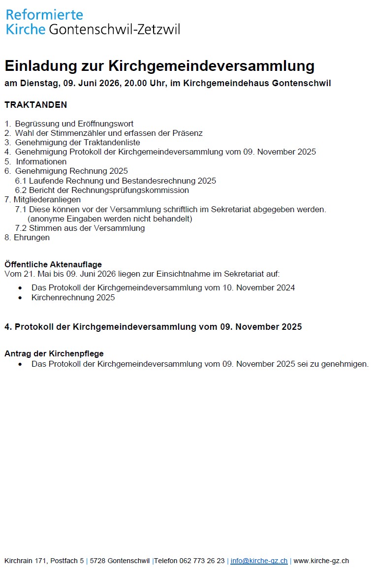 Einladung mit Einladungsbroschüre zur Kirchgemeindeversammlung vom 09. Juni 2026