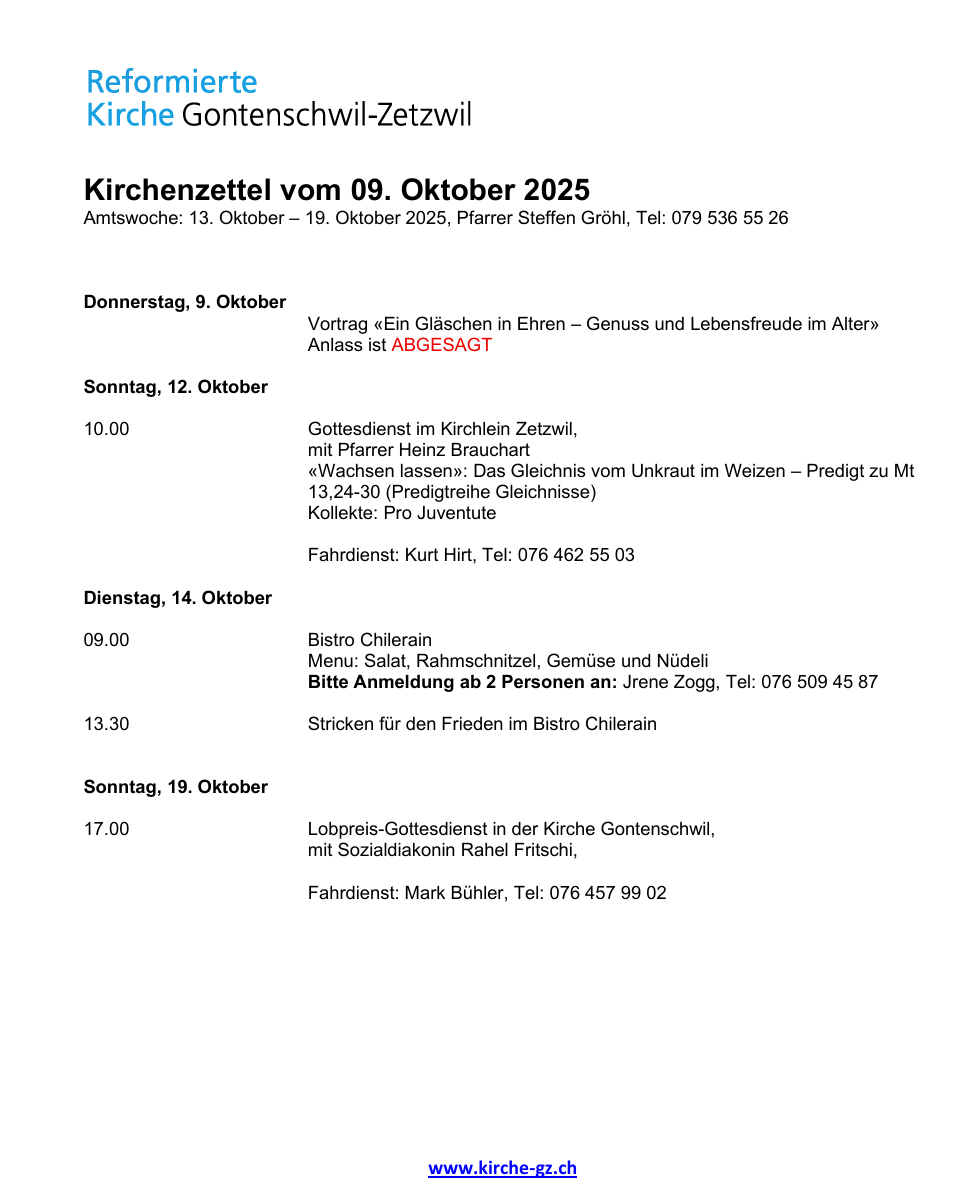 Kirchenzettel vom 09. Oktober 2025