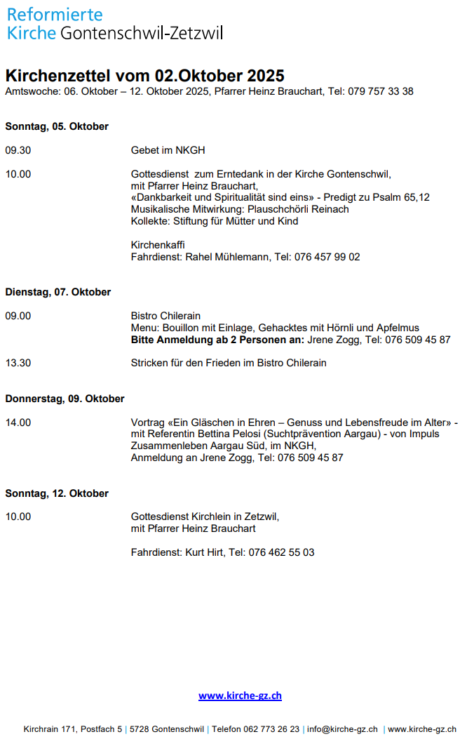 Kirchenzettel vom 2. Oktober 2025