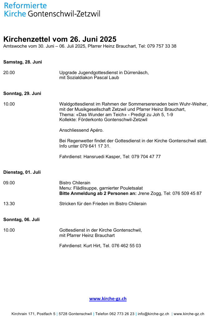 Kirchenzettel vom 26. Juni 2025