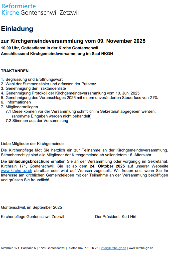 Einladung zur Kirchgemeindeversammlung vom 09. November 2025