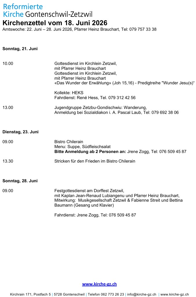 Kirchenzettel vom 18. Juni 2026