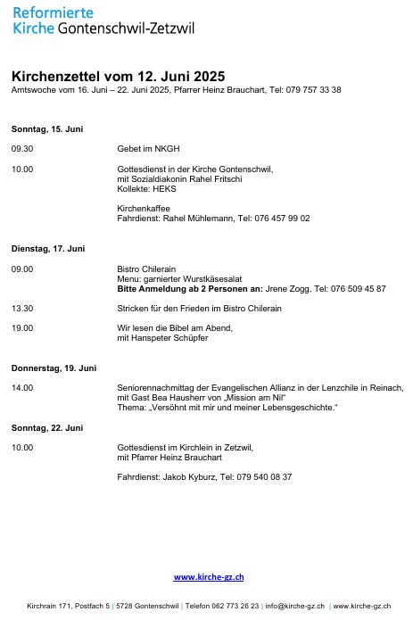 Kirchenzettel vom 12. Juni 2025