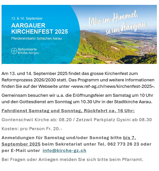 Aargauer Kirchenfest 2025 - Fahrdienst