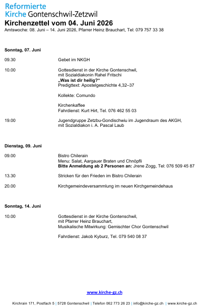 Kirchenzettel vom 07. Juni 2026