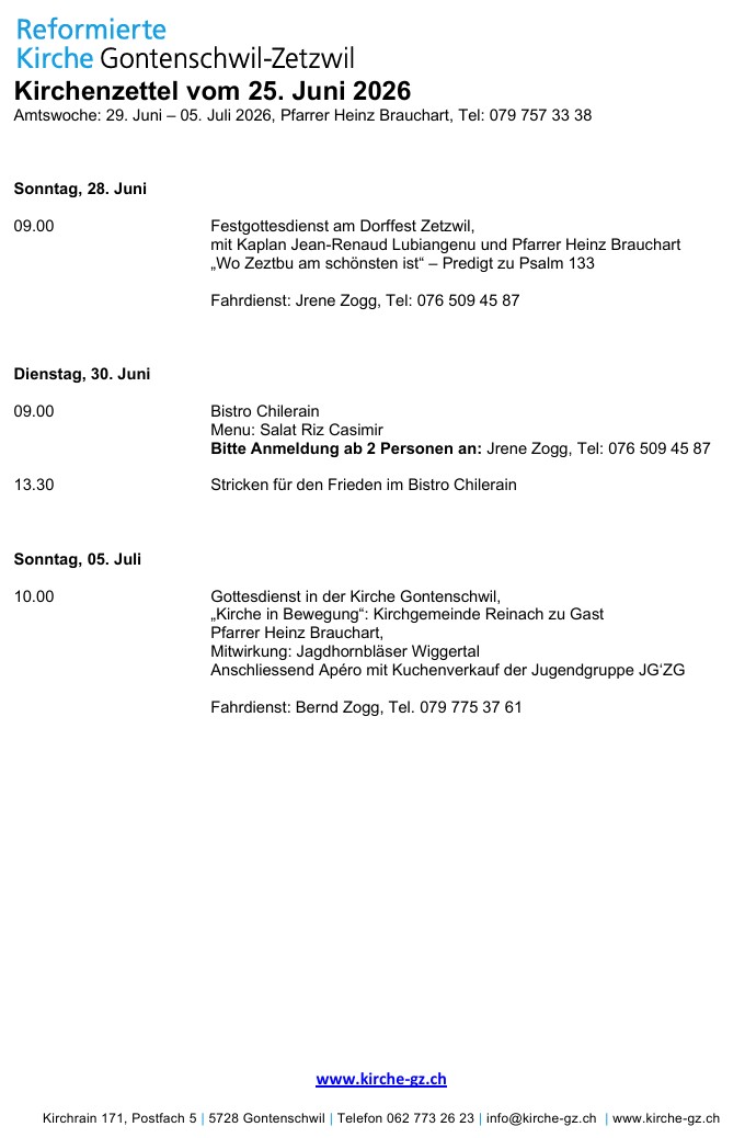 Kirchenzettel vom  25. Juni 2026