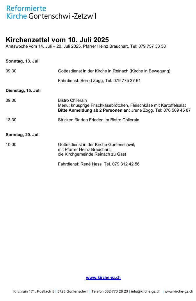 Kirchenzettel vom 10. Juli 2025