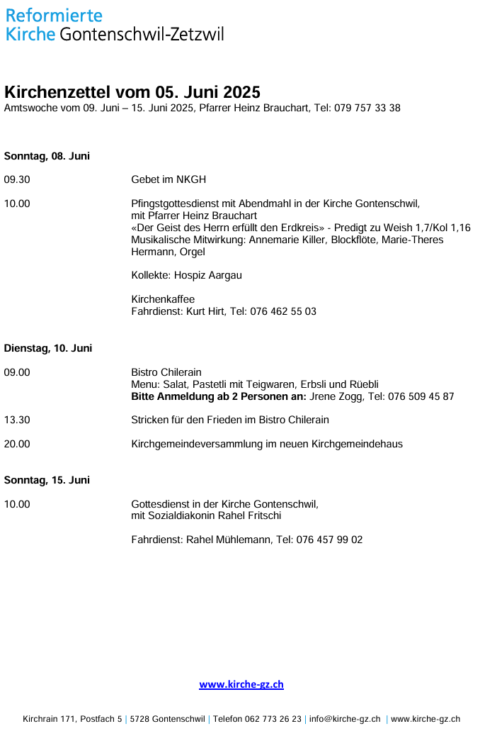 Kirchenzettel vom 05. Juni 2025