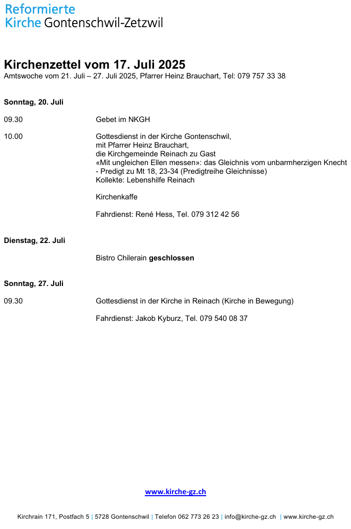 Kirchenzettel vom 17. Juli 2025