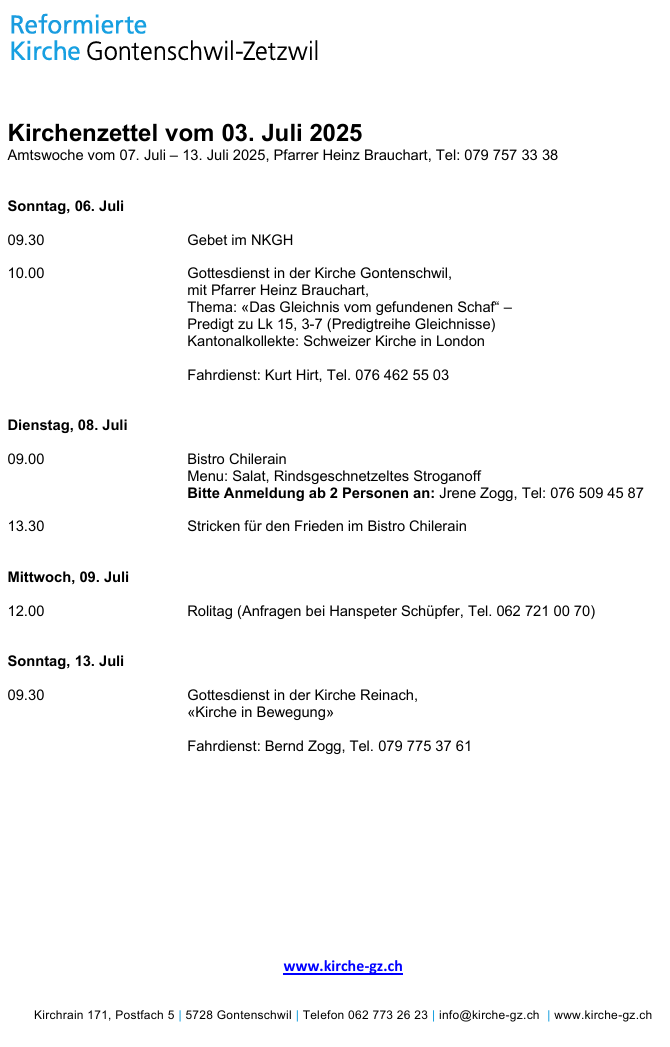 Kirchenzettel vom 03. Juli 2025
